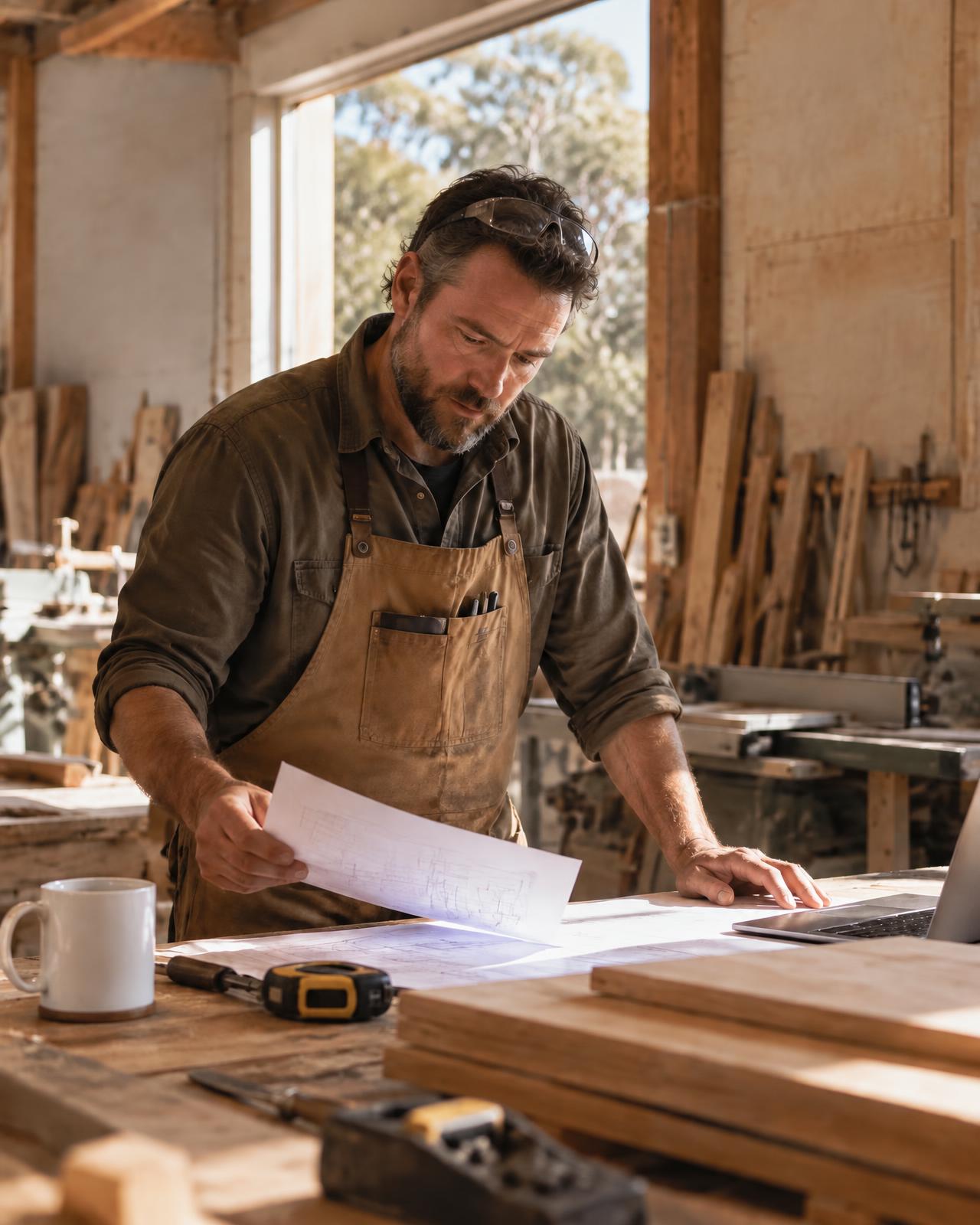 Joinery workshop owner reviewing paperwork at his bench